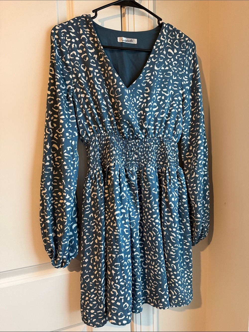 V-Neck Long-Sleeve Smocked-Waist Teal Dress with White Print
